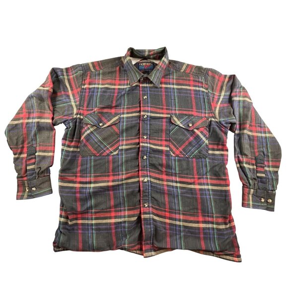 VTG Northern Spirit Mens Large Black Thermal Lined Flannel Button Up Shacket Y2K - Picture 1 of 11